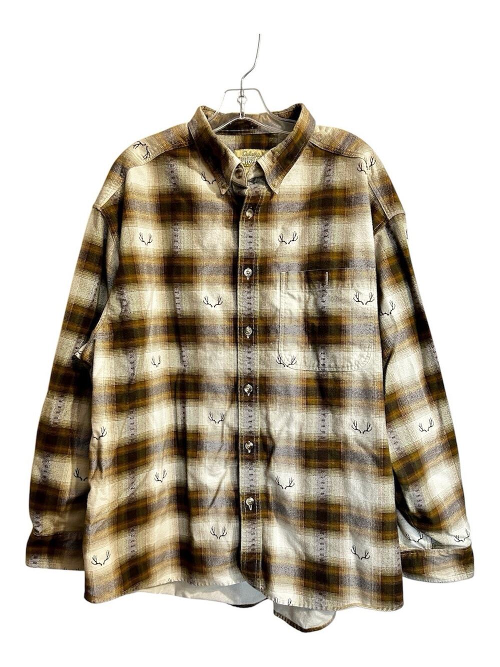 Cabelas Deerskin Soft Chamois Shirt Peru 2XL Brown Plaid Flannel Antler Print